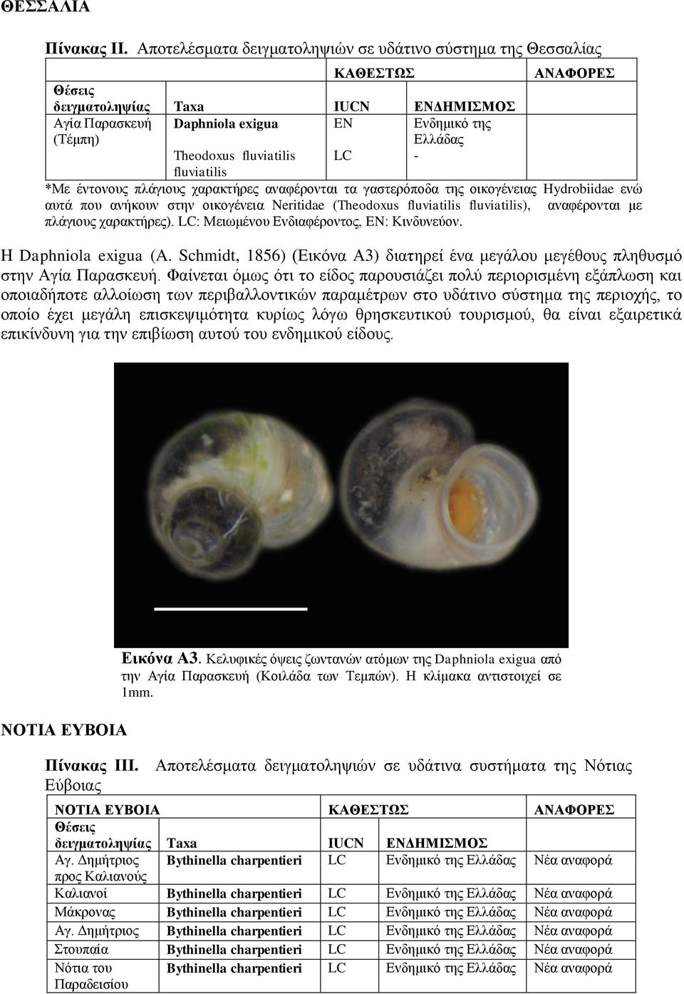 fluviatilis *Με έντονους πλάγιους χαρακτήρες αναφέρονται τα γαστερόποδα της οικογένειας Hydrobiidae ενώ αυτά που ανήκουν στην οικογένεια Neritidae (Theodoxus fluviatilis fluviatilis), αναφέρονται με