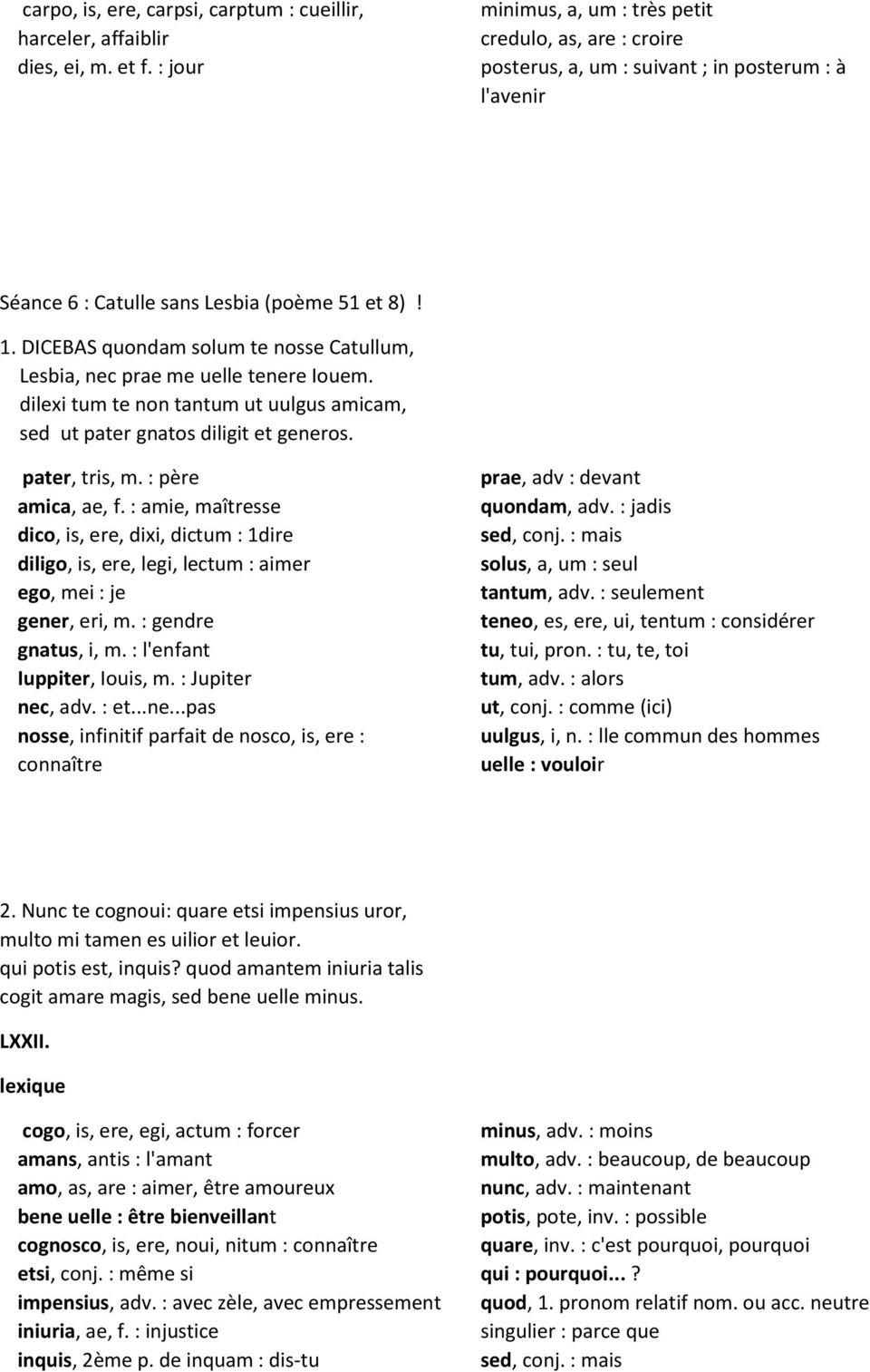 DICEBAS quondam solum te nosse Catullum, Lesbia, nec prae me uelle tenere Iouem. dilexi tum te non tantum ut uulgus amicam, sed ut pater gnatos diligit et generos. pater, tris, m. : père amica, ae, f.