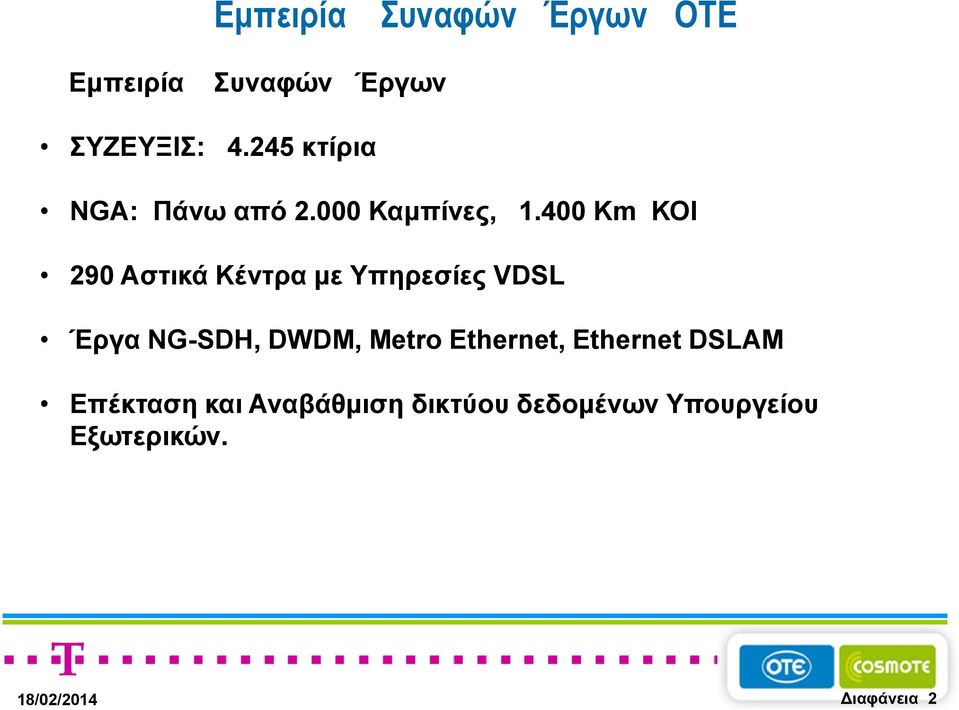 400 Km ΚΟΙ 290 Αστικά Κέντρα µε Υπηρεσίες VDSL Έργα NG-SDH, DWDM, Metro