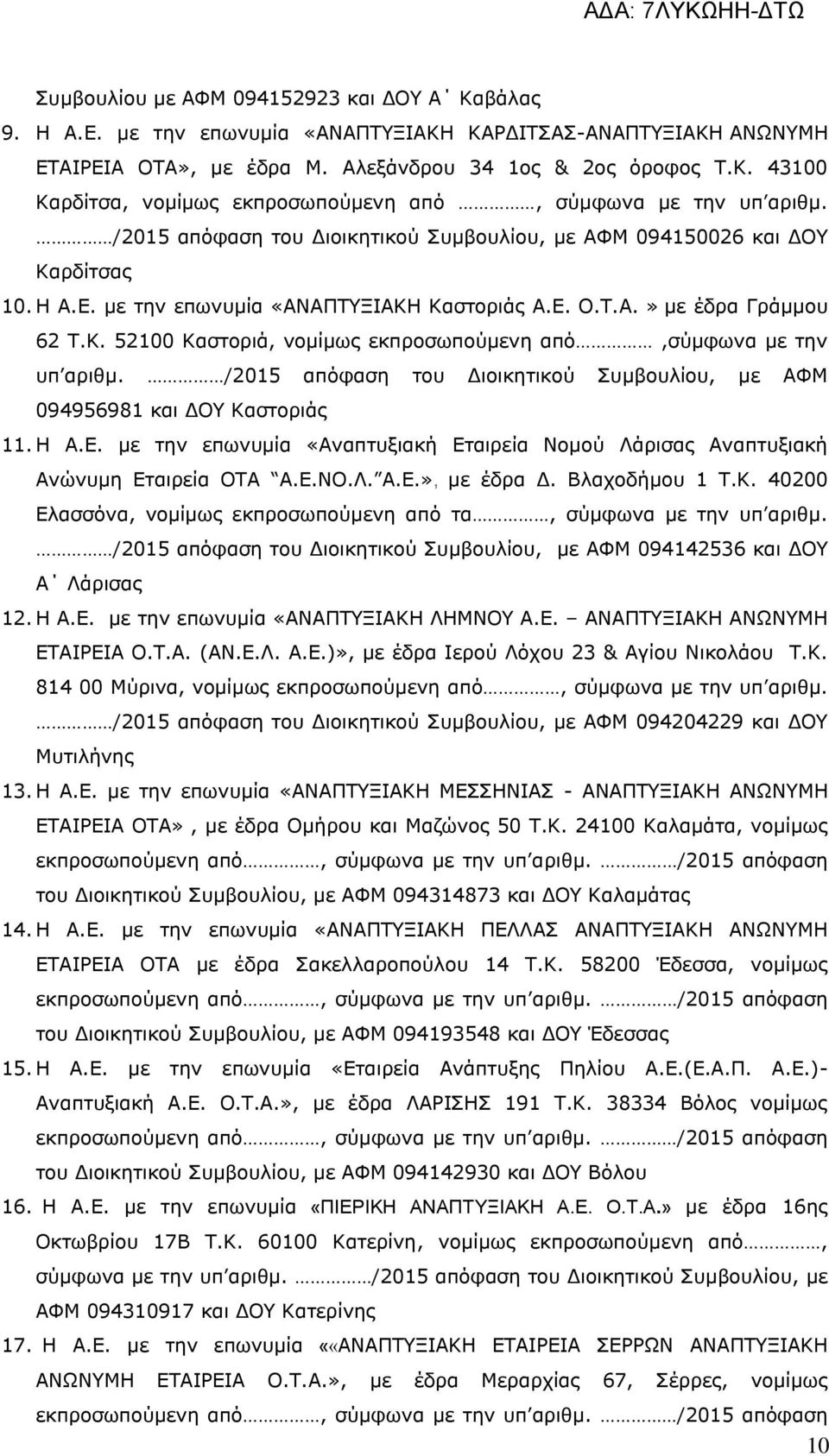 /2015 απόφαση του Διοικητικού Συμβουλίου, με ΑΦΜ 094956981 και ΔΟΥ Καστοριάς 11. Η Α.Ε. με την επωνυμία «Αναπτυξιακή Εταιρεία Νομού Λάρισας Αναπτυξιακή Ανώνυμη Εταιρεία ΟΤΑ Α.Ε.ΝΟ.Λ. Α.Ε.», με έδρα Δ.