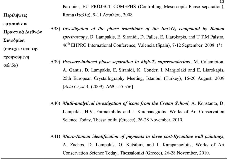 T.M Palstra, 46 th EHPRG International Conference, Valencia (Spain), 7-12 September, 2008. (*) Α39) Pressure-induced phase separation in high-t c superconductors, M. Calamiotou, A. Gantis, D.