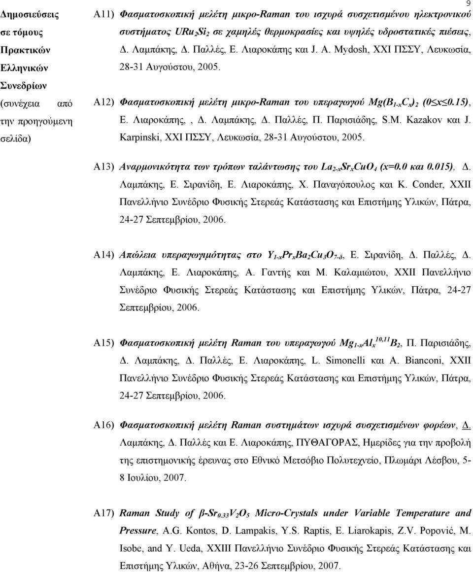 Α12) Φασματοσκοπική μελέτη μικρο-raman του υπεραγωγού Mg(B 1-x C x ) 2 (0 x 0.15), E. Λιαροκάπης,, Δ. Λαμπάκης, Δ. Παλλές, Π. Παρισιάδης, S.M. Kazakov και J.