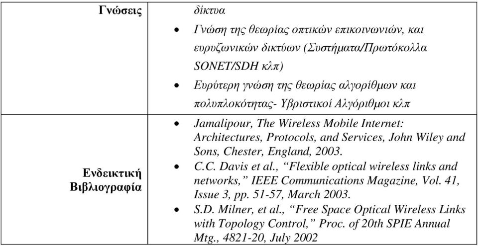 Services, John Wiley and Sons, Chester, England, 2003. C.C. Davis et al., Flexible optical wireless links and networks, IEEE Communications Magazine, Vol.