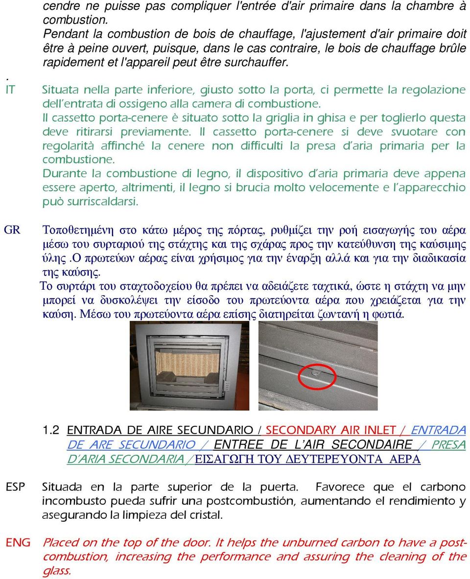 surchauffer.. IT Situata nella parte inferiore, giusto sotto la porta, ci permette la regolazione dell entrata di ossigeno alla camera di combustione.