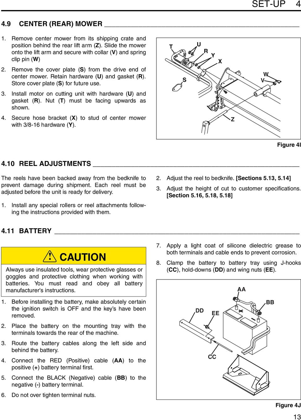 Store cover plate (S) for future use. T S U R Y X W V 3. Install motor on cutting unit with hardware (U) and gasket (R). Nut (T) must be facing upwards as shown. 4.