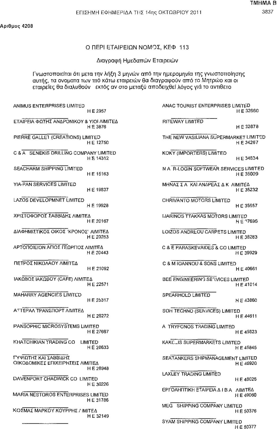 TOURIST ENTERPRISES Η Ε 32660 ΕΤΑΙΡΕΙΑ ΦΩΤΗΣ ΑΝΔΡΟΝΙΚΟΥ & ΥΪΟΙ ΛΙΜΙΤΕΔ Η Ε 3876 RITEWAY Η Ε 32878 PIERRE GALLE1 (CREATIONS) HE 12750 THE NEW VASILIANA SUPERMARKET Η Ε 34267 C & A SENEKIS DRILLING