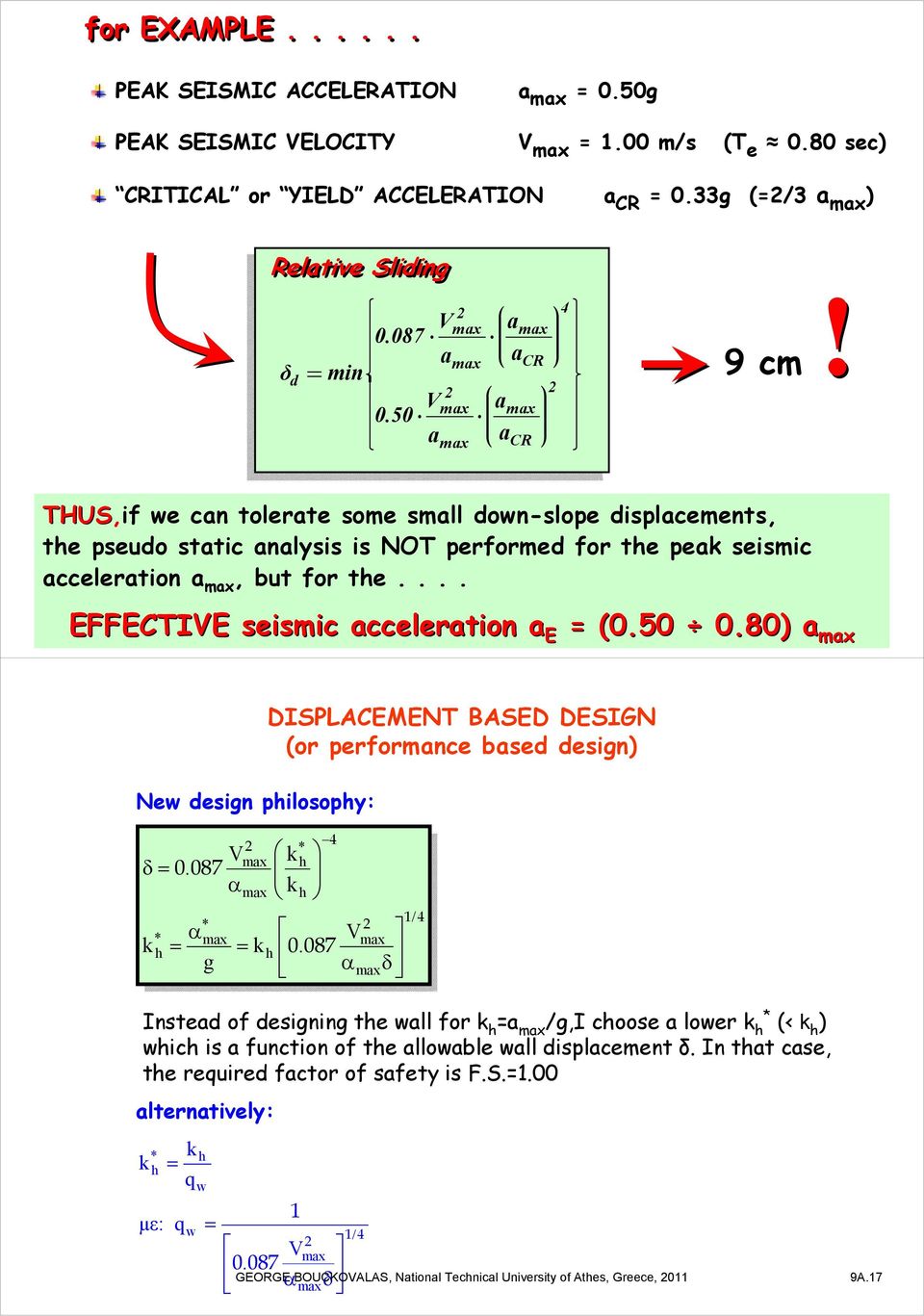 ... EFFECTIVE seismic acceleration a E = (0.50 0.80) a New design pilosopy: * 4 V k δ= 008. k DISPLACEMENT BASED DESIGN (or performance based design) α * * α V k = = k 0.