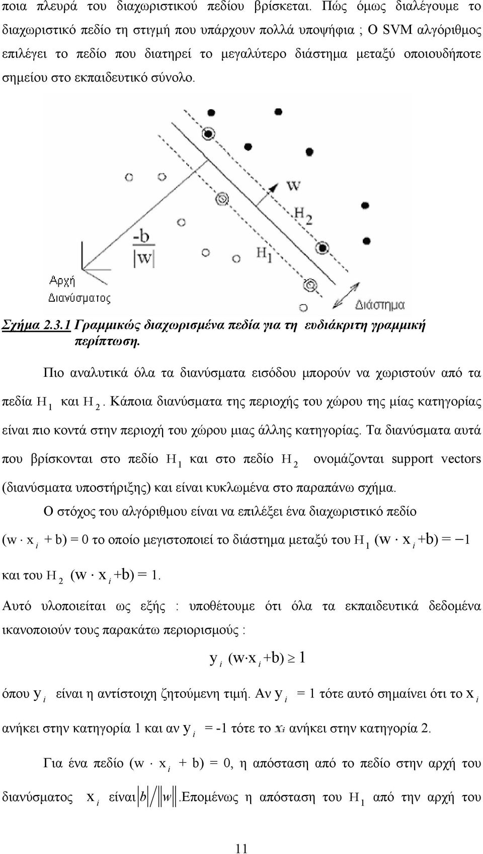 σύνολο. Σχήμα 2.3.1 Γραμμικώς διαχωρισμένα πεδία για τη ευδιάκριτη γραμμική περίπτωση. Πιο αναλυτικά όλα τα διανύσματα εισόδου μπορούν να χωριστούν από τα πεδία H 1 και H 2.