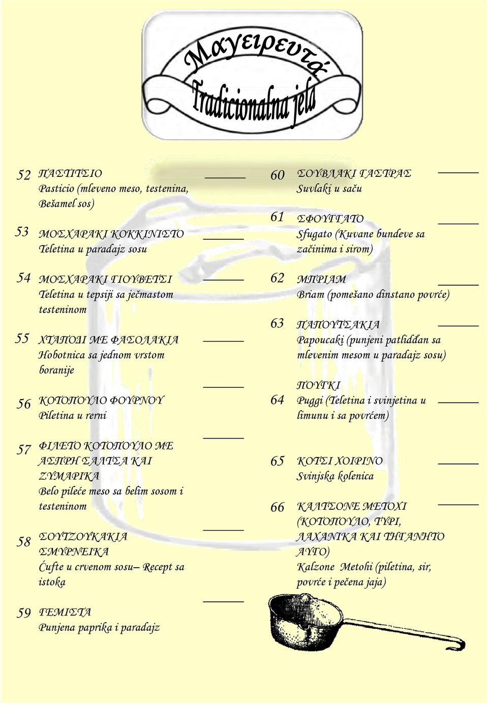 Briam (pomešano dinstano povrće) ΠΑΠΟΥΤΣΑΚΙΑ Papoucaki (punjeni patlidđan sa mlevenim mesom u paradajz sosu) ΠΟΥΓΚΙ Puggi (Teletina i svinjetina u limunu i sa povrćem) 57 58 ΦΙΛΕΤΟ ΚΟΤΟΠΟΥΛΟ ΜΕ ΑΣΠΡΗ