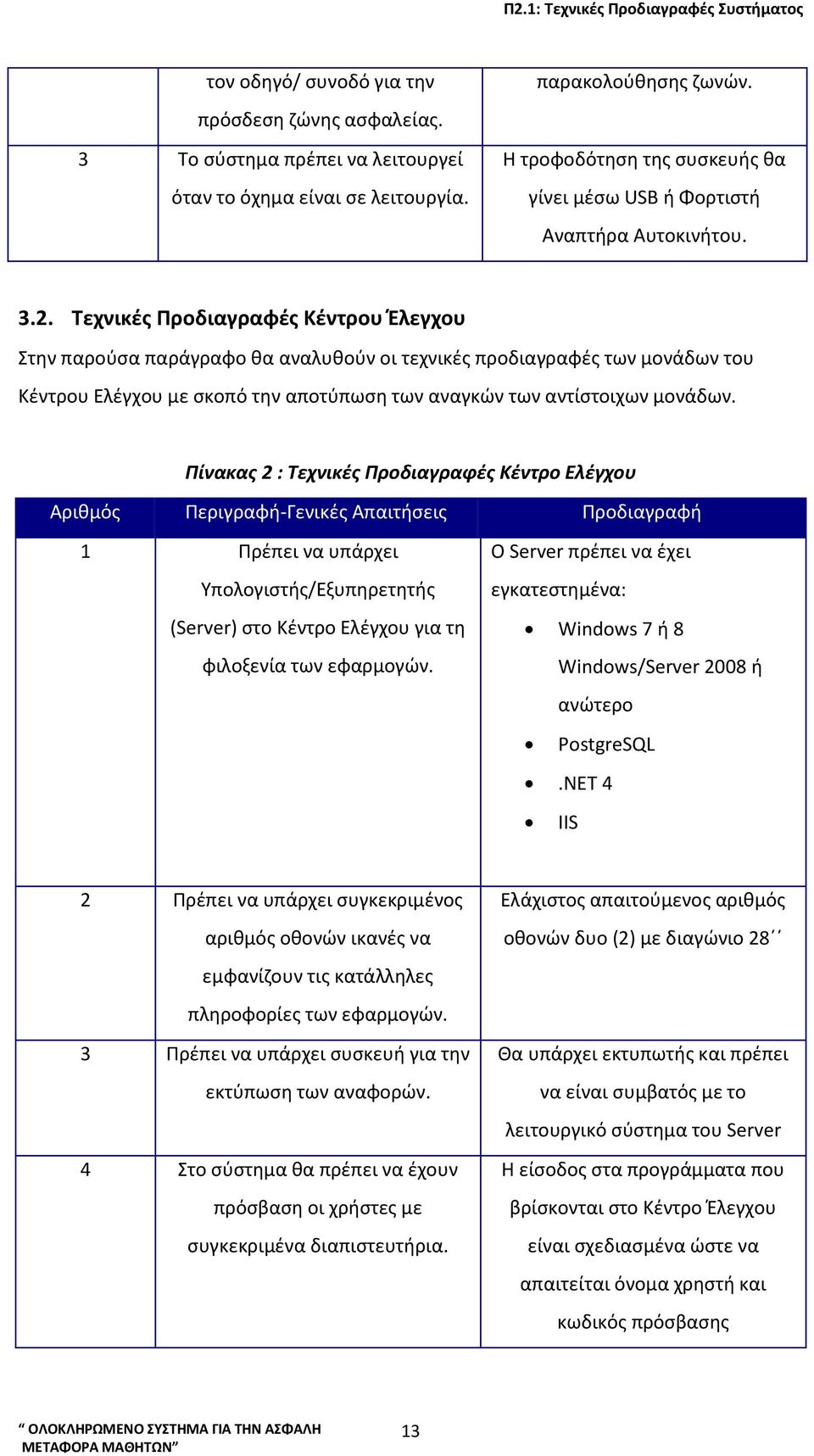 Τεχνικές Προδιαγραφές Κέντρου Έλεγχου Στην παρούσα παράγραφο θα αναλυθούν οι τεχνικές προδιαγραφές των μονάδων του Κέντρου Ελέγχου με σκοπό την αποτύπωση των αναγκών των αντίστοιχων μονάδων.