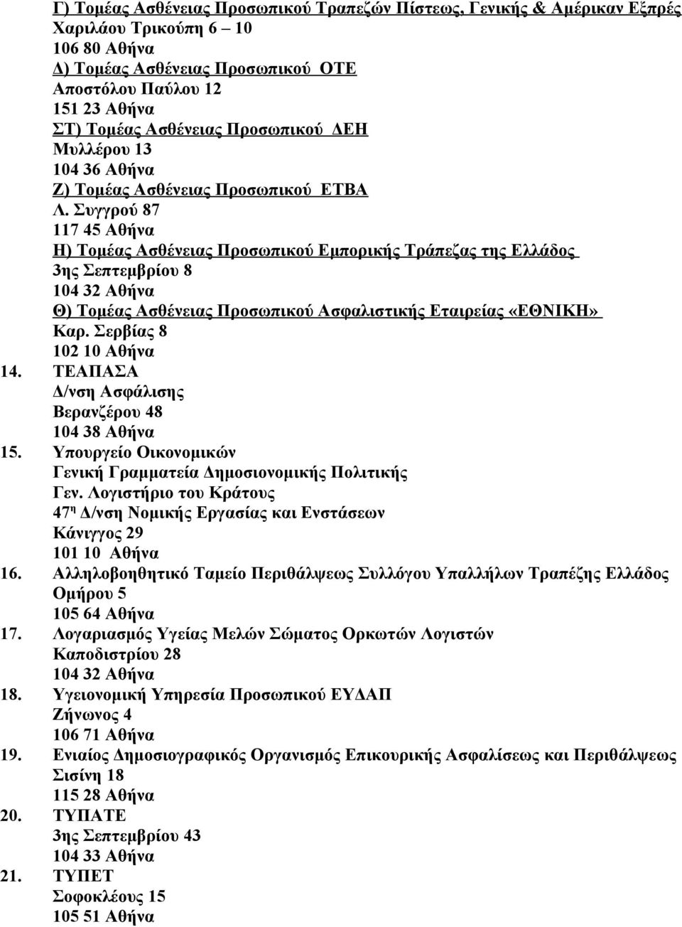 Συγγρού 87 117 45 Αθήνα Η) Τομέας Ασθένειας Προσωπικού Εμπορικής Τράπεζας της Ελλάδος 3ης Σεπτεμβρίου 8 104 32 Αθήνα Θ) Τομέας Ασθένειας Προσωπικού Ασφαλιστικής Εταιρείας «ΕΘΝΙΚΗ» Καρ.