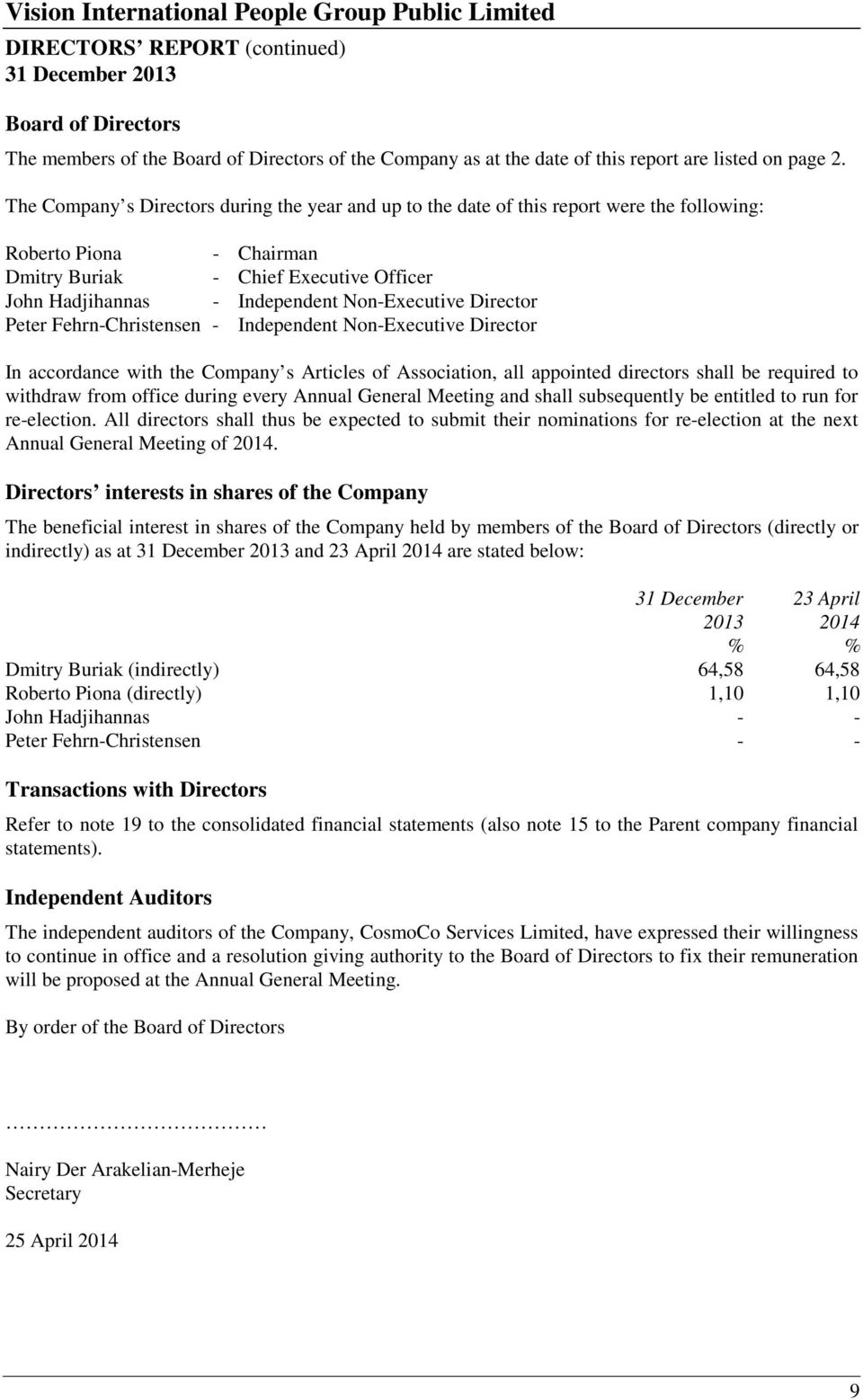 Non-Executive Director Peter Fehrn-Christensen - Independent Non-Executive Director In accordance with the Company s Articles of Association, all appointed directors shall be required to withdraw