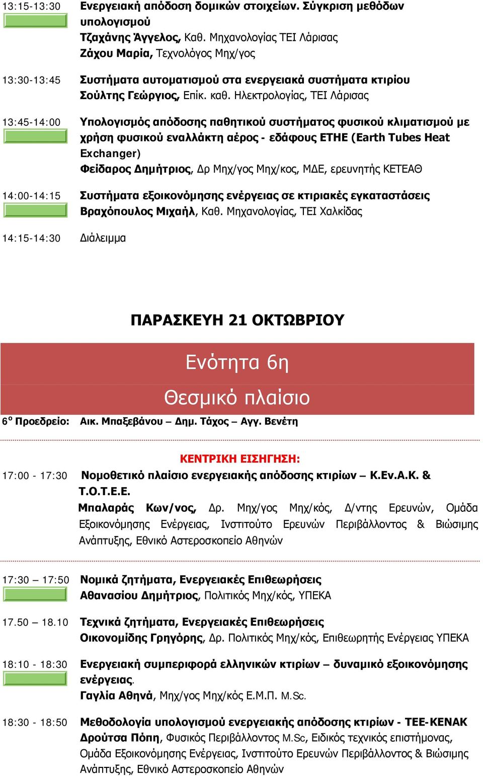 Ηλεκτρολογίας, ΤΕΙ Λάρισας 13:45-14:00 Υπολογισμός απόδοσης παθητικού συστήματος φυσικού κλιματισμού με χρήση φυσικού εναλλάκτη αέρος - εδάφους ETHE (Earth Tubes Heat Exchanger) Φείδαρος Δημήτριος,