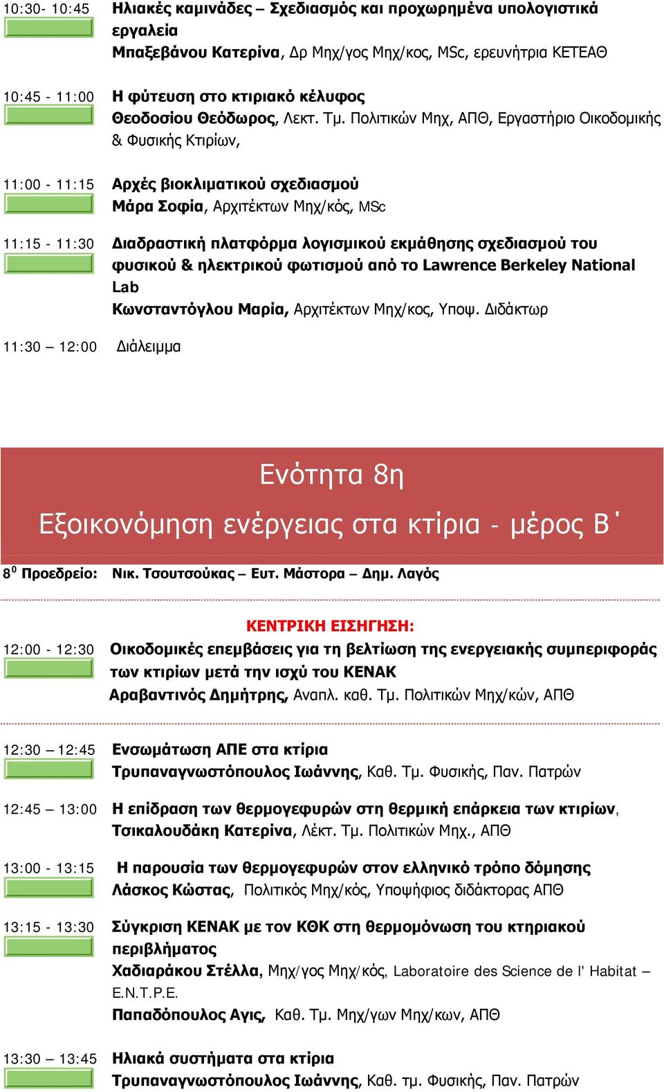 Πολιτικών Μηχ, ΑΠΘ, Εργαστήριο Οικοδομικής & Φυσικής Κτιρίων, 11:00-11:15 Αρχές βιοκλιματικού σχεδιασμού Μάρα Σοφία, Αρχιτέκτων Μηχ/κός, MSc 11:15-11:30 Διαδραστική πλατφόρμα λογισμικού εκμάθησης