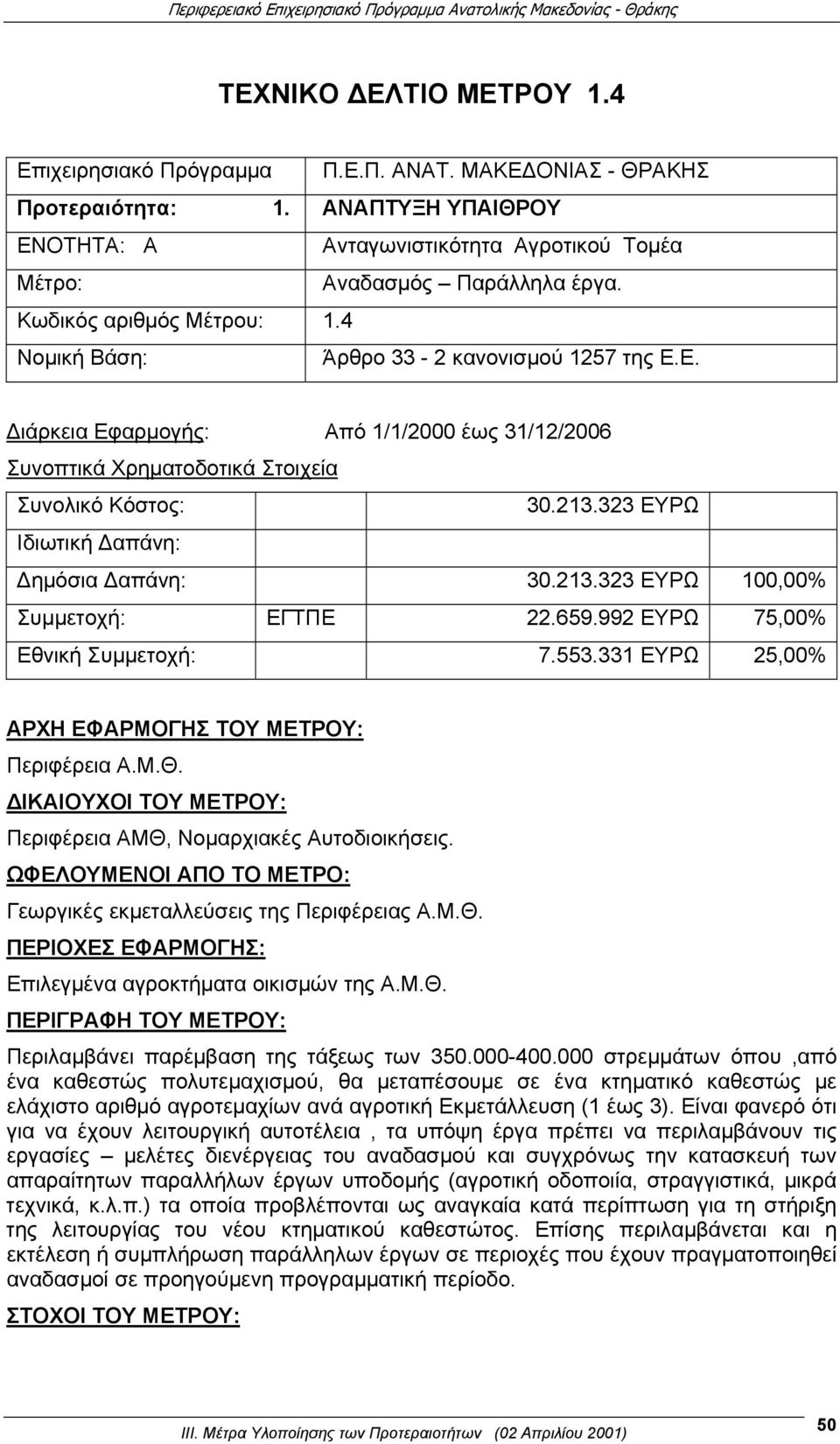 323 ΕΥΡΩ Ιδιωτική Δαπάνη: Δημόσια Δαπάνη: 30.213.323 ΕΥΡΩ 100,00% Συμμετοχή: ΕΓΤΠΕ 22.659.992 ΕΥΡΩ 75,00% Εθνική Συμμετοχή: 7.553.331 ΕΥΡΩ 25,00% ΑΡΧΗ ΕΦΑΡΜΟΓΗΣ ΤΟΥ ΜΕΤΡΟΥ: Περιφέρεια Α.Μ.Θ.