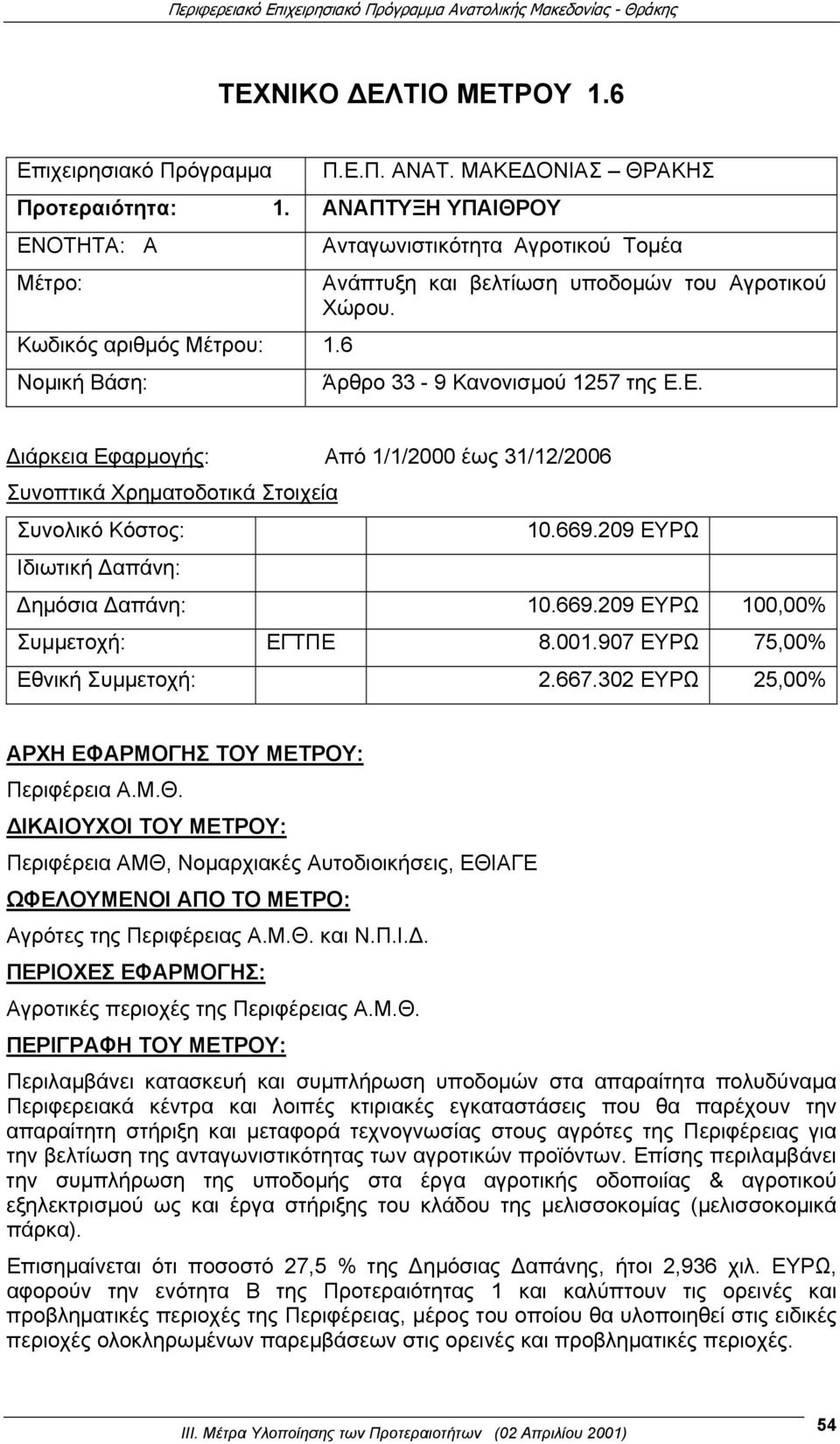 Ε. Διάρκεια Εφαρμογής: Από 1/1/2000 έως 31/12/2006 Συνοπτικά Χρηματοδοτικά Στοιχεία Συνολικό Κόστος: 10.669.209 ΕΥΡΩ Ιδιωτική Δαπάνη: Δημόσια Δαπάνη: 10.669.209 ΕΥΡΩ 100,00% Συμμετοχή: ΕΓΤΠΕ 8.001.