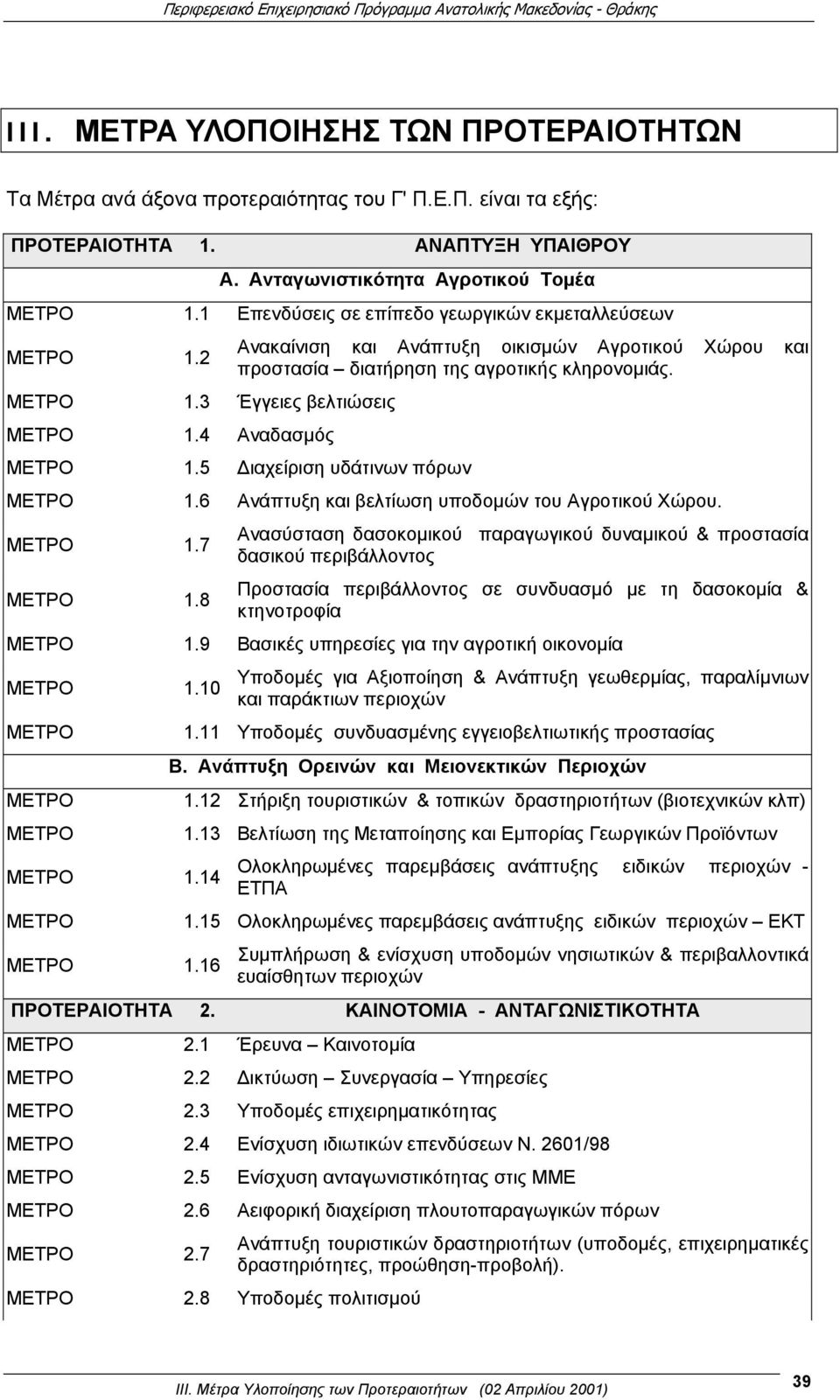 4 Αναδασμός Ανακαίνιση και Ανάπτυξη οικισμών Αγροτικού Χώρου και προστασία διατήρηση της αγροτικής κληρονομιάς. ΜΕΤΡΟ 1.5 Διαχείριση υδάτινων πόρων ΜΕΤΡΟ 1.