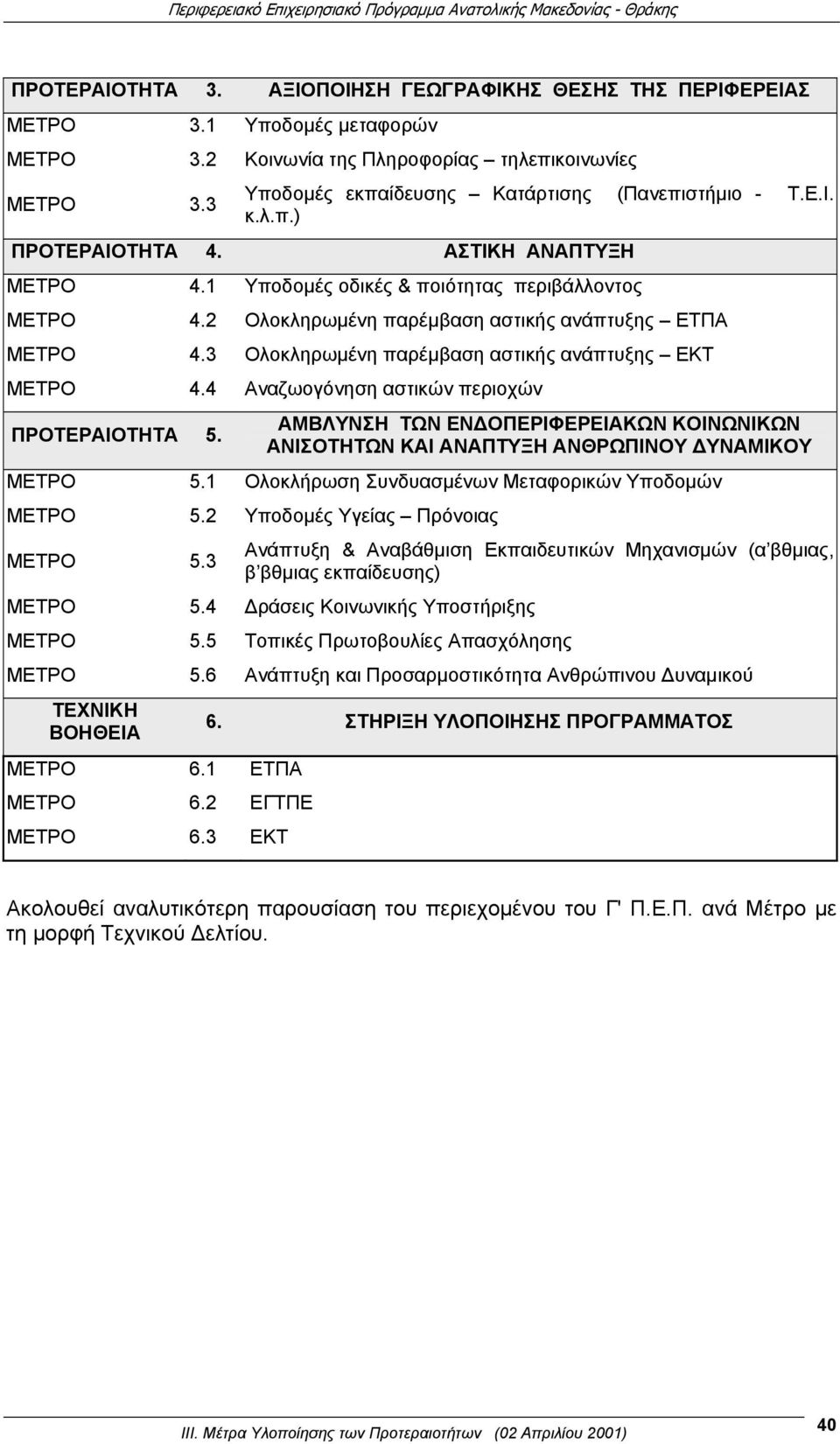 3 Ολοκληρωμένη παρέμβαση αστικής ανάπτυξης ΕΚΤ ΜΕΤΡΟ 4.4 Αναζωογόνηση αστικών περιοχών ΠΡΟΤΕΡΑΙΟΤΗΤΑ 5. ΑΜΒΛΥΝΣΗ ΤΩΝ ΕΝΔΟΠΕΡΙΦΕΡΕΙΑΚΩΝ ΚΟΙΝΩΝΙΚΩΝ ΑΝΙΣΟΤΗΤΩΝ ΚΑΙ ΑΝΑΠΤΥΞΗ ΑΝΘΡΩΠΙΝΟΥ ΔΥΝΑΜΙΚΟΥ ΜΕΤΡΟ 5.