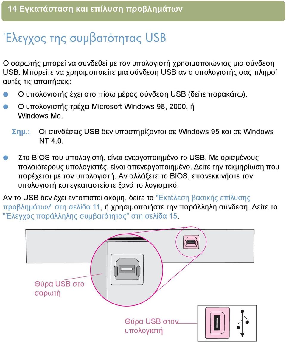 Ο υπολογιστής τρέχει Microsoft Windows 98, 2000, ή Windows Me. Σηµ.: Οι συνδέσεις USB δεν υποστηρίζονται σε Windows 95 και σε Windows NT 4.0. Στο BIOS του υπολογιστή, είναι ενεργοποιηµένο το USB.