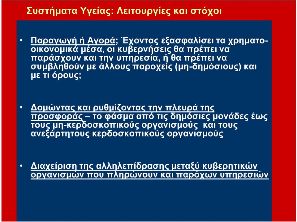 και ρυθμίζοντας την πλευρά της προσφοράς το φάσμα από τις δημόσιες μονάδες έως τους μη-κερδοσκοπικούς οργανισμούς και τους