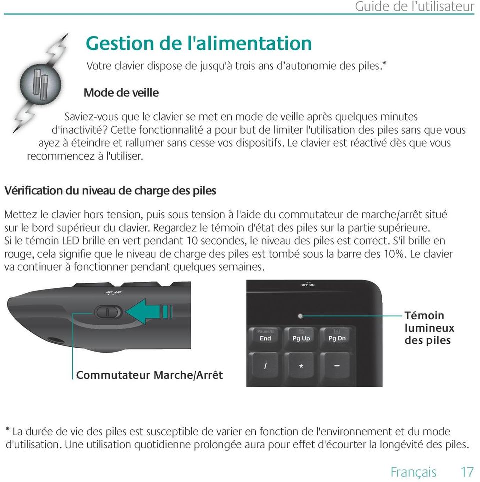 Cette fonctionnalité a pour but de limiter l'utilisation des piles sans que vous ayez à éteindre et rallumer sans cesse vos dispositifs. Le clavier est réactivé dès que vous recommencez à l'utiliser.