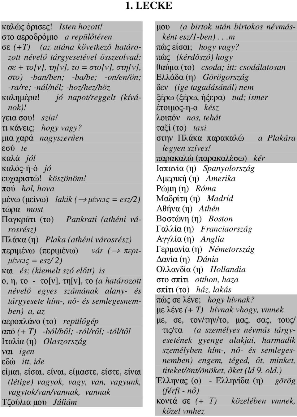 -hoz/hez/höz καληµέρα! jó napot/reggelt (kívánok)! γεια σου! szia! τι κάνεις; hogy vagy? µια χαρά nagyszerűen εσύ te καλά jól καλός-ή-ό jó ευχαριστώ! köszönöm!