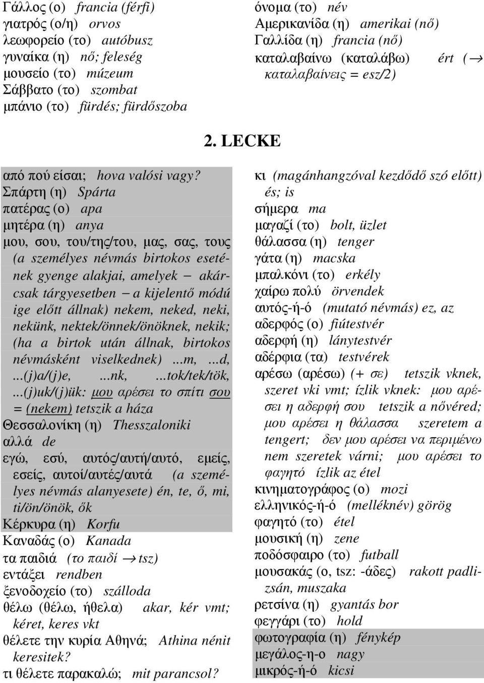 Σπάρτη (η) Spárta πατέρας (ο) apa µητέρα (η) anya µου, σου, του/της/του, µας, σας, τους (a személyes névmás birtokos esetének gyenge alakjai, amelyek akárcsak tárgyesetben a kijelentő módú ige előtt