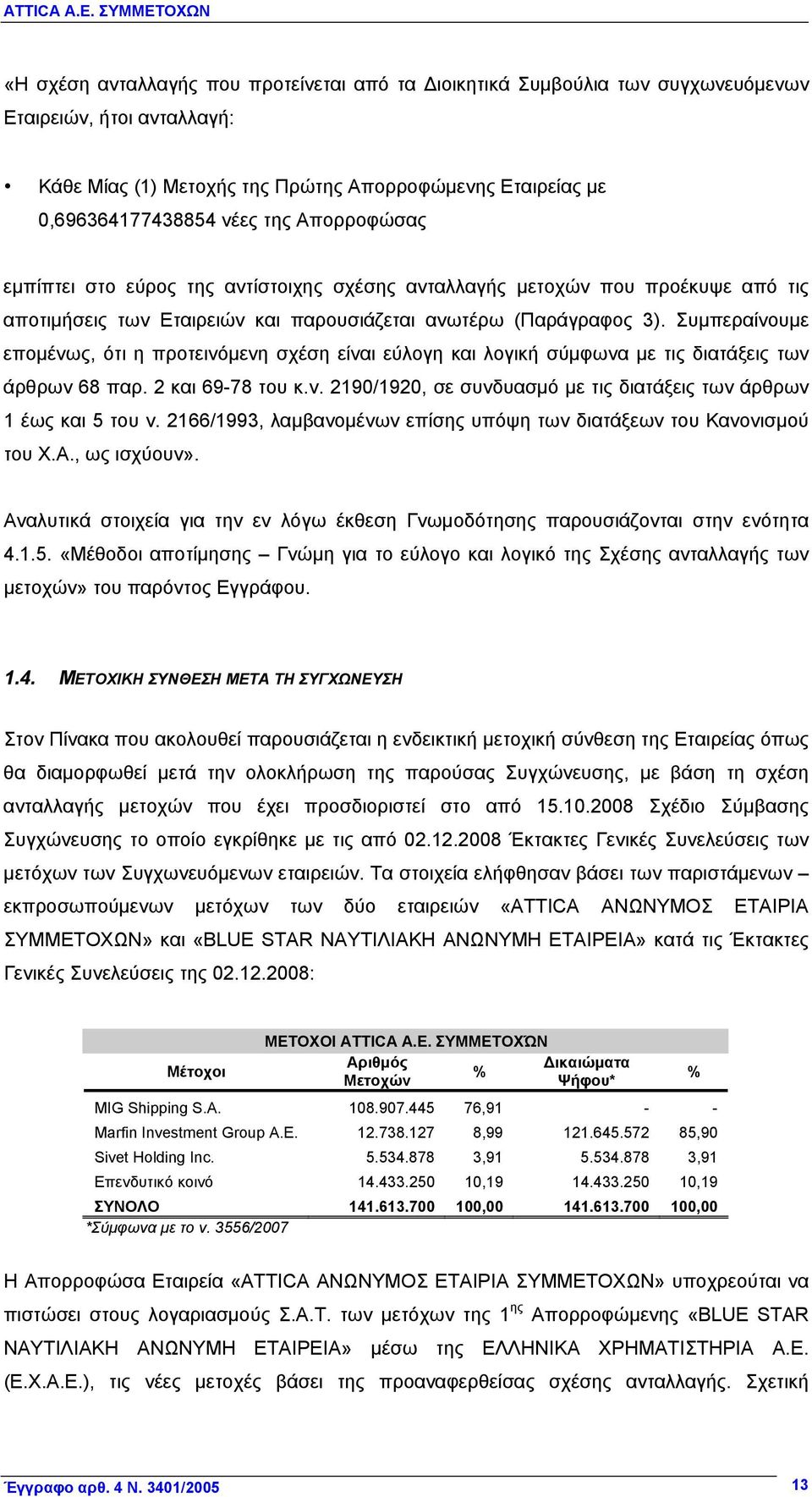 Συμπεραίνουμε επομένως, ότι η προτεινόμενη σχέση είναι εύλογη και λογική σύμφωνα με τις διατάξεις των άρθρων 68 παρ. 2 και 69-78 του κ.ν. 2190/1920, σε συνδυασμό με τις διατάξεις των άρθρων 1 έως και 5 του ν.