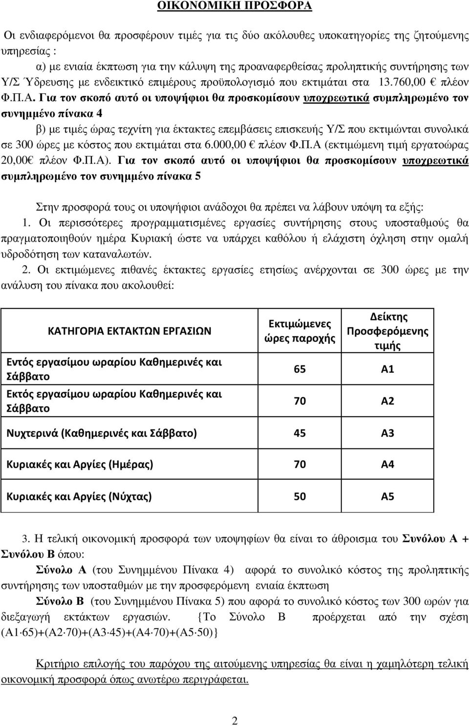 Για τον σκοπό αυτό οι υποψήφιοι θα προσκοµίσουν υποχρεωτικά συµπληρωµένο τον συνηµµένο πίνακα 4 β) µε τιµές ώρας τεχνίτη για έκτακτες επεµβάσεις επισκευής Υ/Σ που εκτιµώνται συνολικά σε 300 ώρες µε