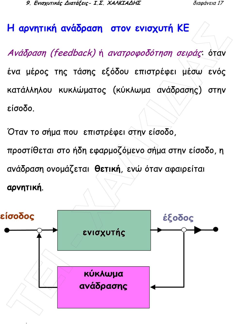 ένα µέρος της τάσης εξόδου επιστρέφει µέσω ενός κατάλληλου κυκλώµατος (κύκλωµα ανάδρασης) στην είσοδο.