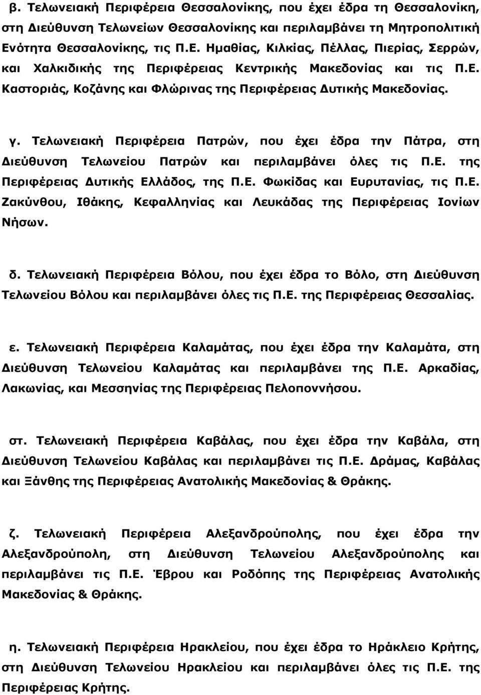 γ. Τελωνειακή Περιφέρεια Πατρών, που έχει έδρα την Πάτρα, στη ιεύθυνση Τελωνείου Πατρών και περιλαμβάνει όλες τις Π.Ε. της Περιφέρειας υτικής Ελλάδος, της Π.Ε. Φωκίδας και Ευρυτανίας, τις Π.Ε. Ζακύνθου, Ιθάκης, Κεφαλληνίας και Λευκάδας της Περιφέρειας Ιονίων Νήσων.