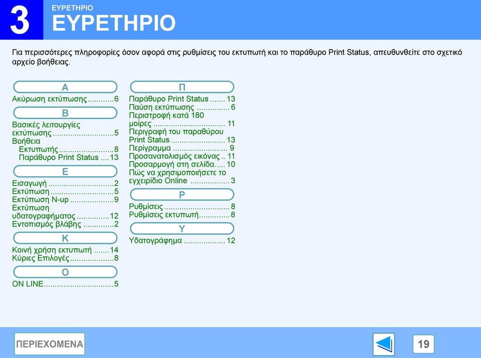 .. Εντοπισµός βλάβης... K Κοινή χρήση εκτυπωτή... Κύριες Επιλογές...8 O ON LINE...5 Π Παράθυρο Print Status... Παύση εκτύπωσης... 6 Περιστροφή κατά 80 µοίρες.