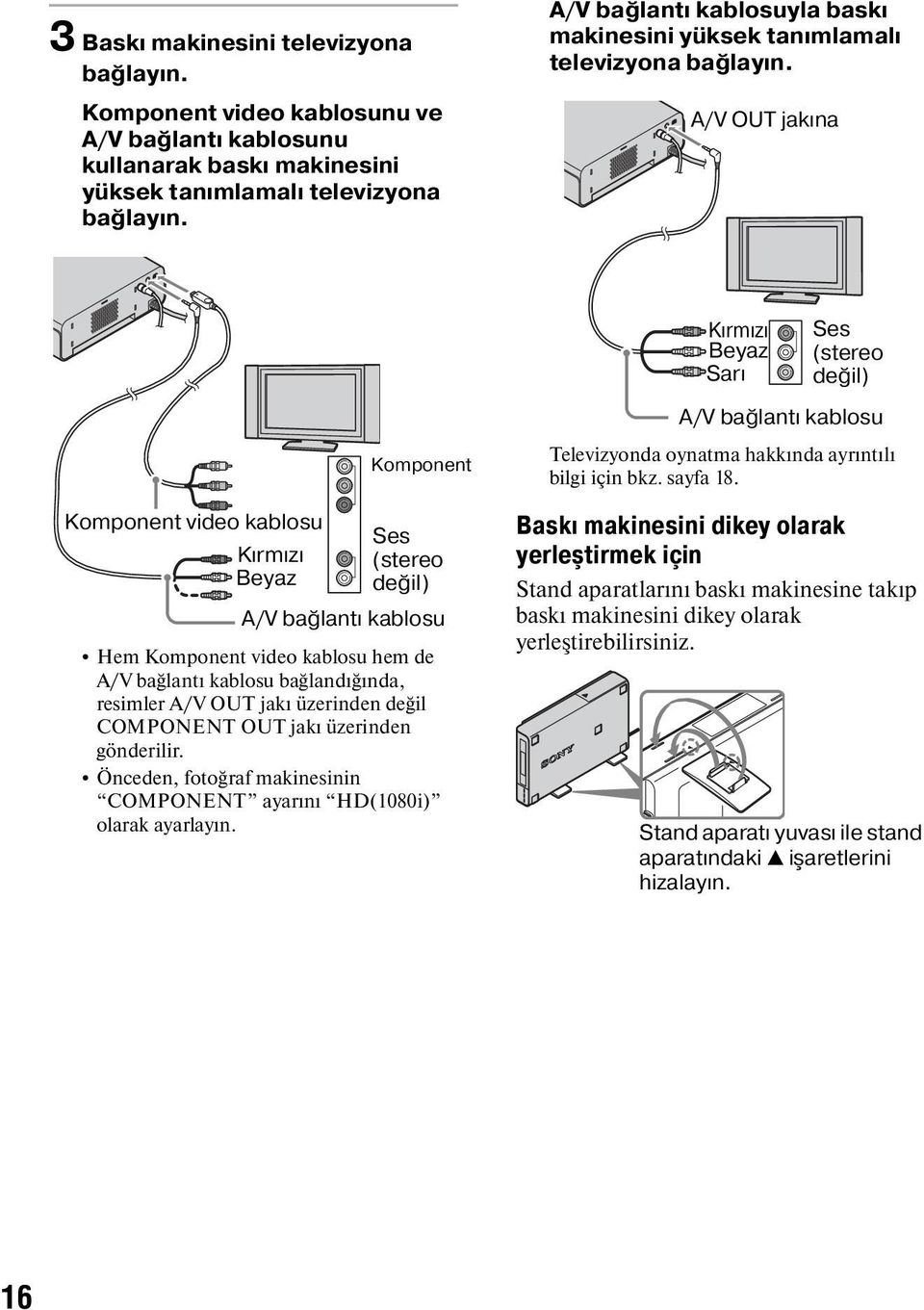 A/V OUT jakına Kırmızı Beyaz Sarı Ses (stereo değil) A/V bağlantı kablosu Komponent video kablosu Kırmızı Beyaz Komponent Ses (stereo değil) A/V bağlantı kablosu Hem Komponent video kablosu hem de