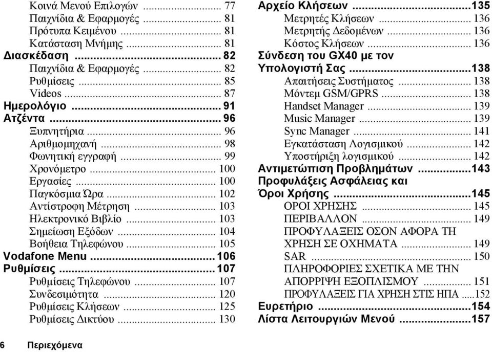 .. 104 Βοήθεια Τηλεφώνου... 105 Vodafone Menu... 106 Ρυθµίσεις... 107 Ρυθµίσεις Τηλεφώνου... 107 Συνδεσιµότητα... 120 Ρυθµίσεις Κλήσεων... 125 Ρυθµίσεις ικτύου... 130 Αρχείο Κλήσεων.