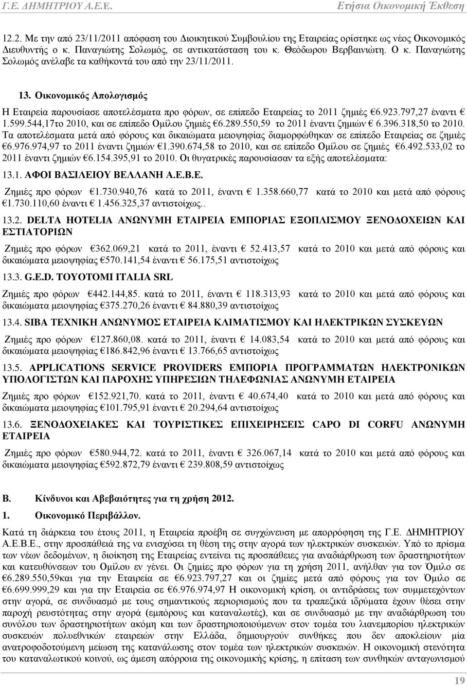 544,17το 2010, και σε επίπεδο Ομίλου ζημιές 6.289.550,59 το 2011 έναντι ζημιών 6.396.318,50 το 2010.