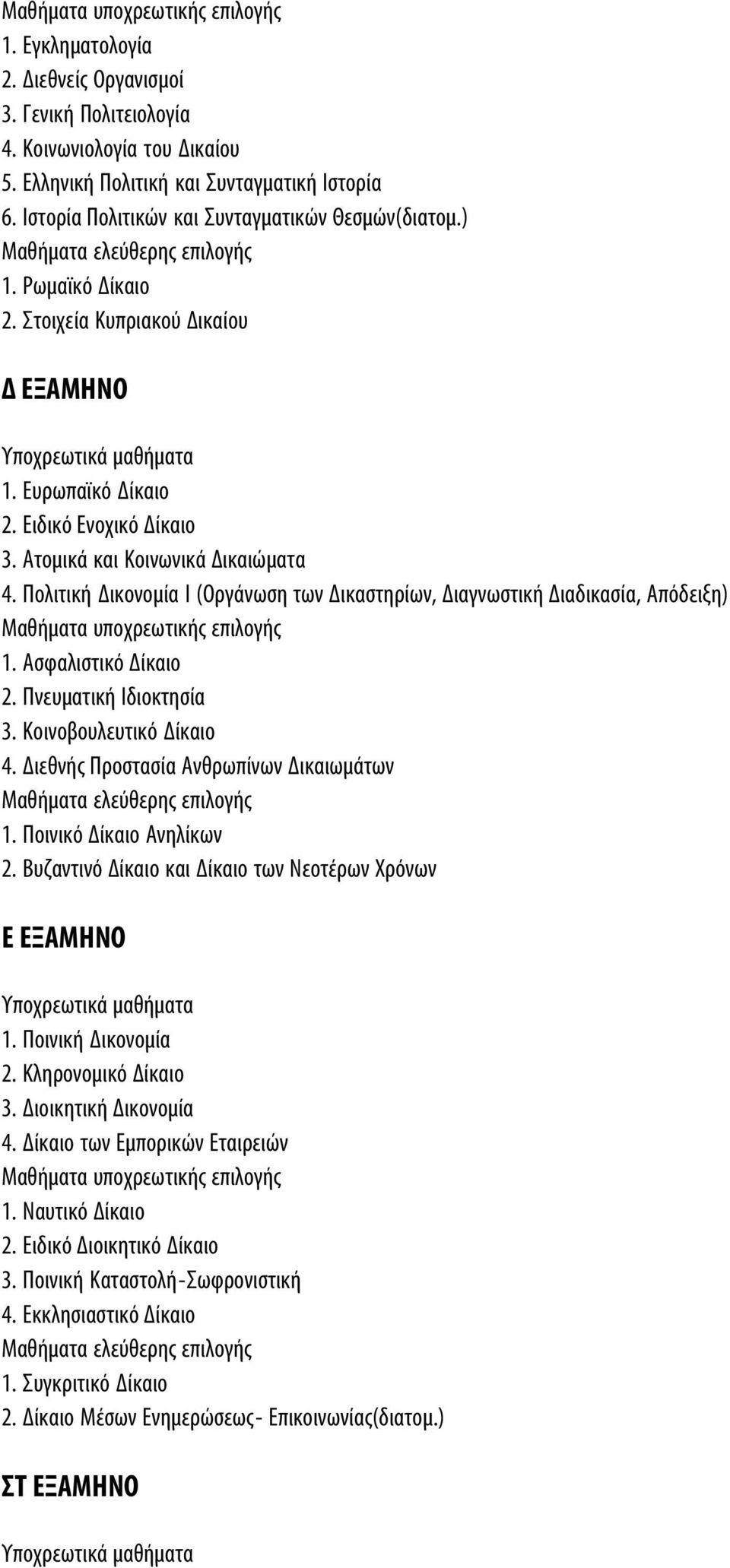 Ειδικό Ενοχικό Δίκαιο 3. Ατομικά και Κοινωνικά Δικαιώματα 4. Πολιτική Δικονομία Ι (Οργάνωση των Δικαστηρίων, Διαγνωστική Διαδικασία, Απόδειξη) Μαθήματα υποχρεωτικής επιλογής 1. Ασφαλιστικό Δίκαιο 2.