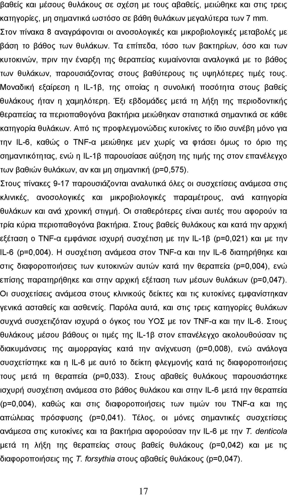 Τα επίπεδα, τόσο των βακτηρίων, όσο και των κυτοκινών, πριν την έναρξη της θεραπείας κυμαίνονται αναλογικά με το βάθος των θυλάκων, παρουσιάζοντας στους βαθύτερους τις υψηλότερες τιμές τους.