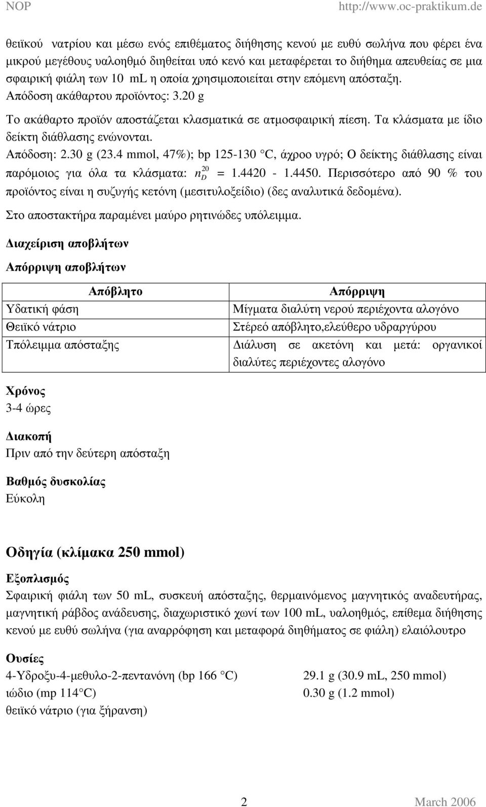 Απόδοση:.0 g (. mmol, 7%); bp -0 C, άχροο υγρό; Ο δείκτης διάθλασης είναι παρόµοιος για όλα τα κλάσµατα: n D 0 =.0 -.0. Περισσότερο από 90 % του προϊόντος είναι η συζυγής κετόνη (µεσιτυλοξείδιο) (δες αναλυτικά δεδοµένα).