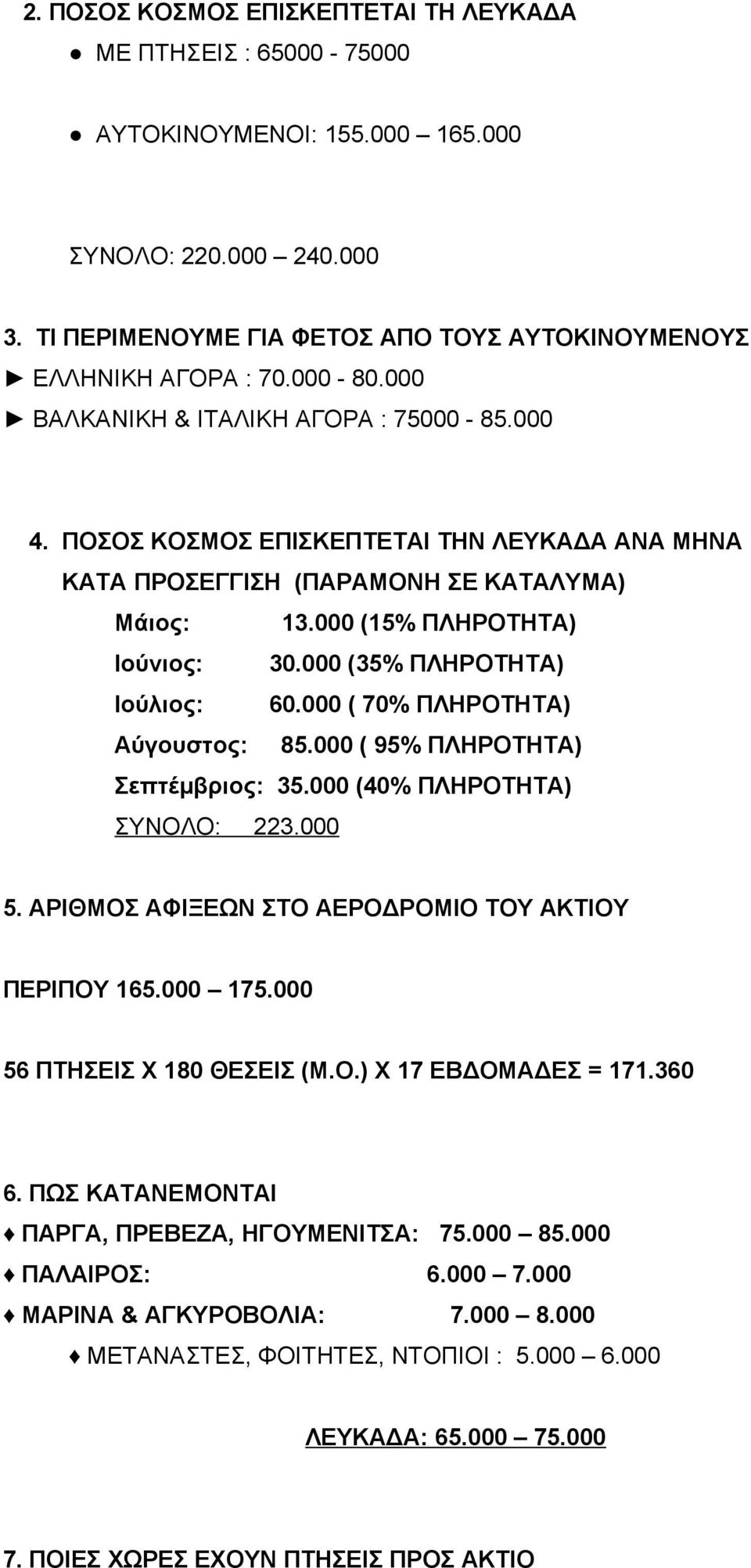 000 (35% ΠΛΗΡΟΤΗΤΑ) Ιούλιος: 60.000 ( 70% ΠΛΗΡΟΤΗΤΑ) Αύγουστος: 85.000 ( 95% ΠΛΗΡΟΤΗΤΑ) Σεπτέμβριος: 35.000 (40% ΠΛΗΡΟΤΗΤΑ) ΣΥΝΟΛΟ: 223.000 5. ΑΡΙΘΜΟΣ ΑΦΙΞΕΩΝ ΣΤΟ ΑΕΡΟΔΡΟΜΙΟ ΤΟΥ ΑΚΤΙΟΥ ΠΕΡΙΠΟΥ 165.