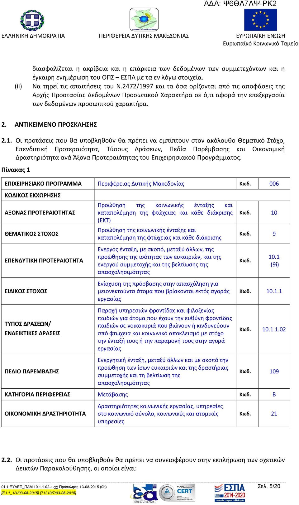 97 και τα όσα ορίζονται από τις αποφάσεις της Αρχής Προστασίας Δεδομένων Προσωπικού Χαρακτήρα σε ό,τι αφορά την επεξεργασία των δεδομένων προσωπικού χαρακτήρα. 2. ΑΝΤΙΚΕΙΜΕΝΟ ΠΡΟΣΚΛΗΣΗΣ 2.1.