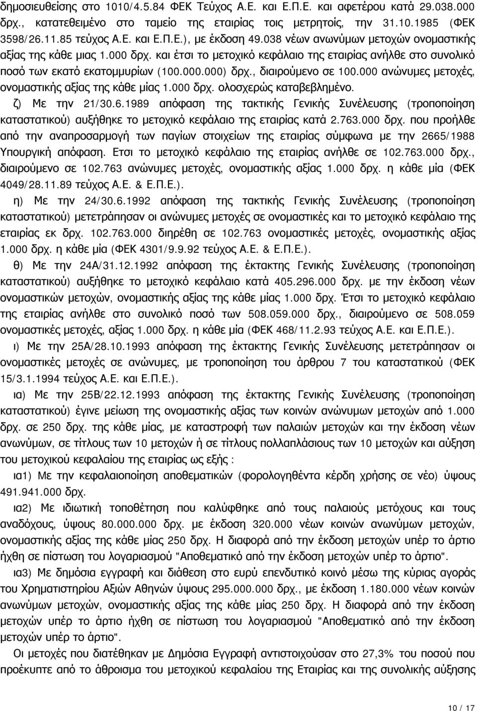 000 ανώνυμες μετοχές, ονομαστικής αξίας της κάθε μίας 1.000 δρχ. ολοσχερώς καταβεβλημένο. ζ) Με την 21/30.6.