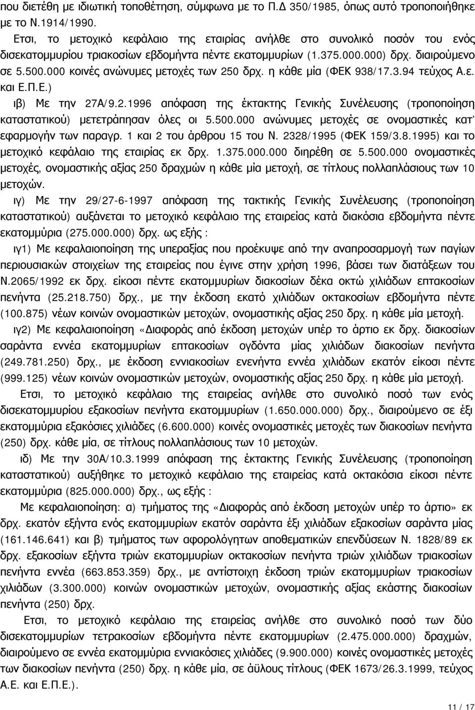 000 κοινές ανώνυμες μετοχές των 250 δρχ. η κάθε μία (ΦΕΚ 938/17.3.94 τεύχος Α.ε. και Ε.Π.Ε.) ιβ) Με την 27Α/9.2.1996 απόφαση της έκτακτης Γενικής Συνέλευσης (τροποποίηση καταστατικού) μετετράπησαν όλες οι 5.