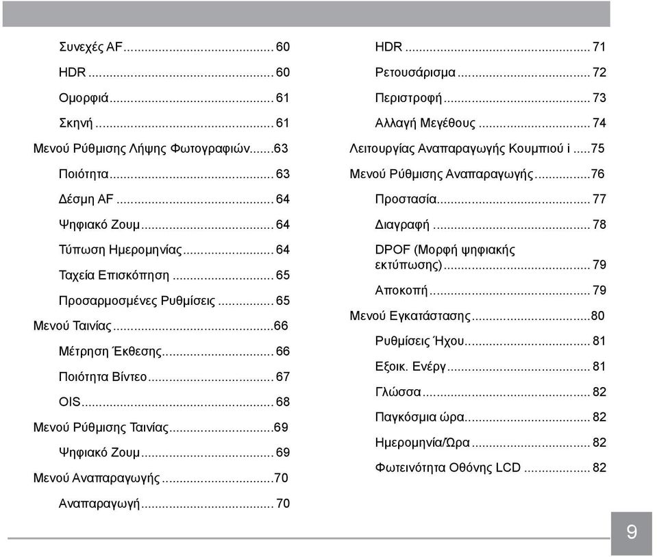 ..70 Αναπαραγωγή... 70 HDR... 71 Ρετουσάρισμα... 72 Περιστροφή... 73 Αλλαγή Μεγέθους... 74 Λειτουργίας Αναπαραγωγής Κουμπιού i...75 Μενού Ρύθμισης Αναπαραγωγής...76 Προστασία... 77 Διαγραφή.