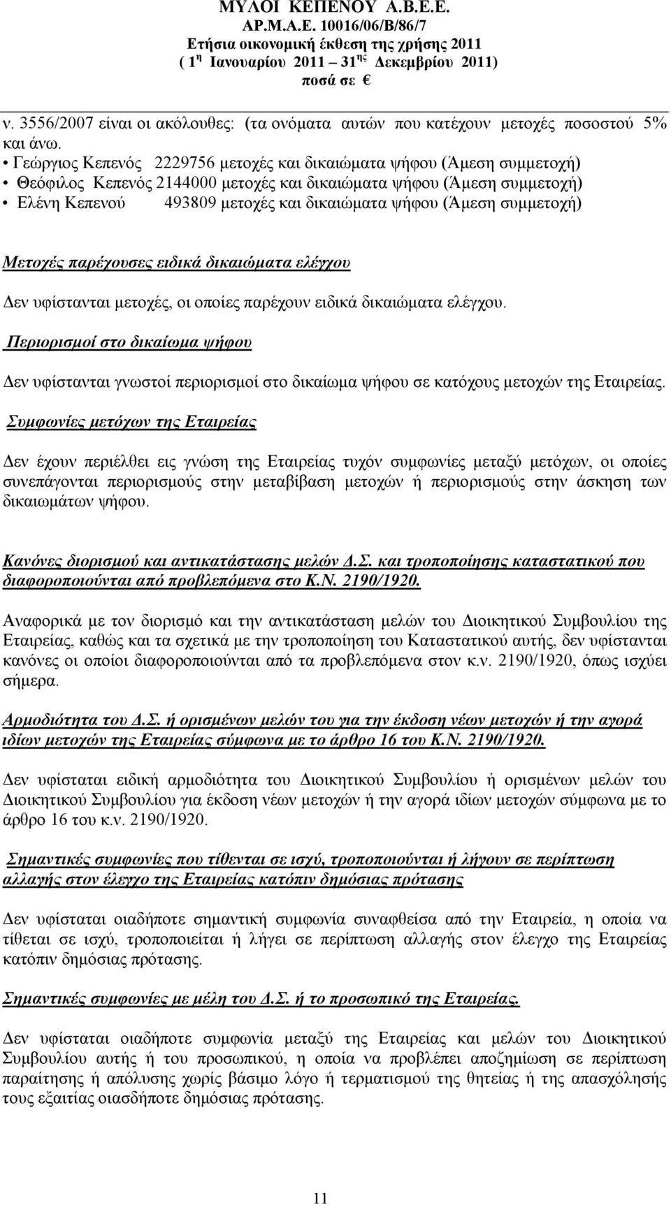 (Άμεση συμμετοχή) Μετοχές παρέχουσες ειδικά δικαιώματα ελέγχου Δεν υφίστανται μετοχές, οι οποίες παρέχουν ειδικά δικαιώματα ελέγχου.