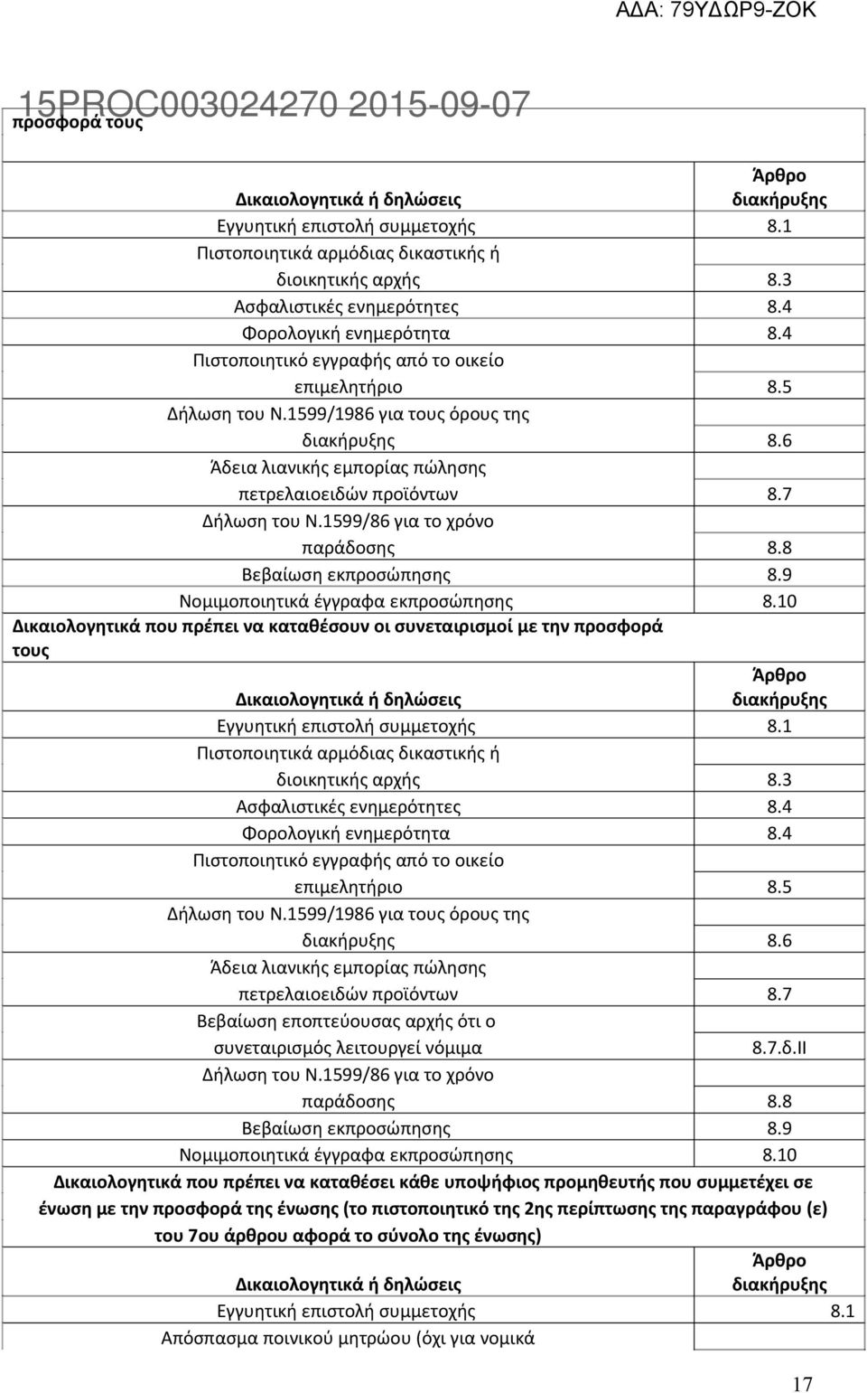 7 Δήλωση του Ν.1599/86 για το χρόνο παράδοσης 8.8 Βεβαίωση εκπροσώπησης 8.9 Νομιμοποιητικά έγγραφα εκπροσώπησης 8.