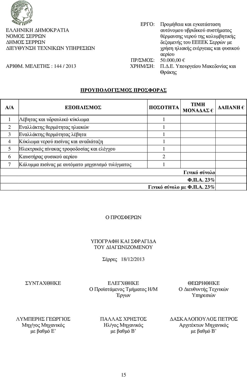 ΕΤΗΣ : 144 / 2013 ΧΡΗΜ/ΣΗ: Π..Ε. Υπουργείου Μακεδονίας και Θράκης ΠΡΟΥΠΟΛΟΓΙΣΜΟΣ ΠΡΟΣΦΟΡΑΣ Α/Α ΕΞΟΠΛΙΣΜΟΣ ΠΟΣΟΤΗΤΑ 1 Λέβητας και υδραυλικό κύκλωµα 1 2 Εναλλάκτης θερµότητας ηλιακών 1 3 Εναλλάκτης