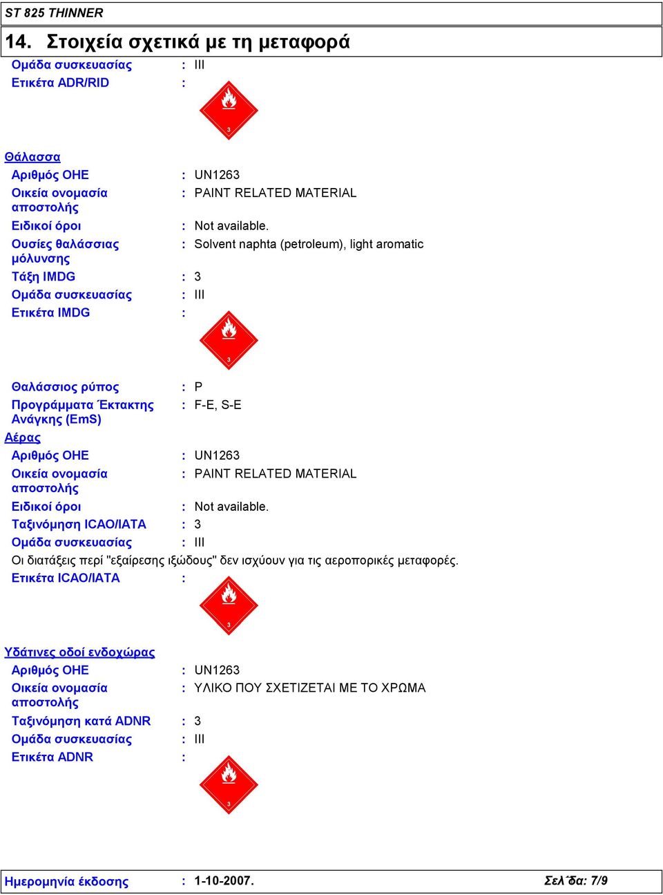 Solvent naphta (petroleum), light aromatic 3 III Θαλάσσιος ρύπος Προγράμματα Έκτακτης Ανάγκης (EmS) Αέρας Αριθµός OHE Οικεία ονομασία αποστολής Ειδικοί όροι Ταξινόμηση ICAO/IATA P F-E, S-E  3 Ομάδα