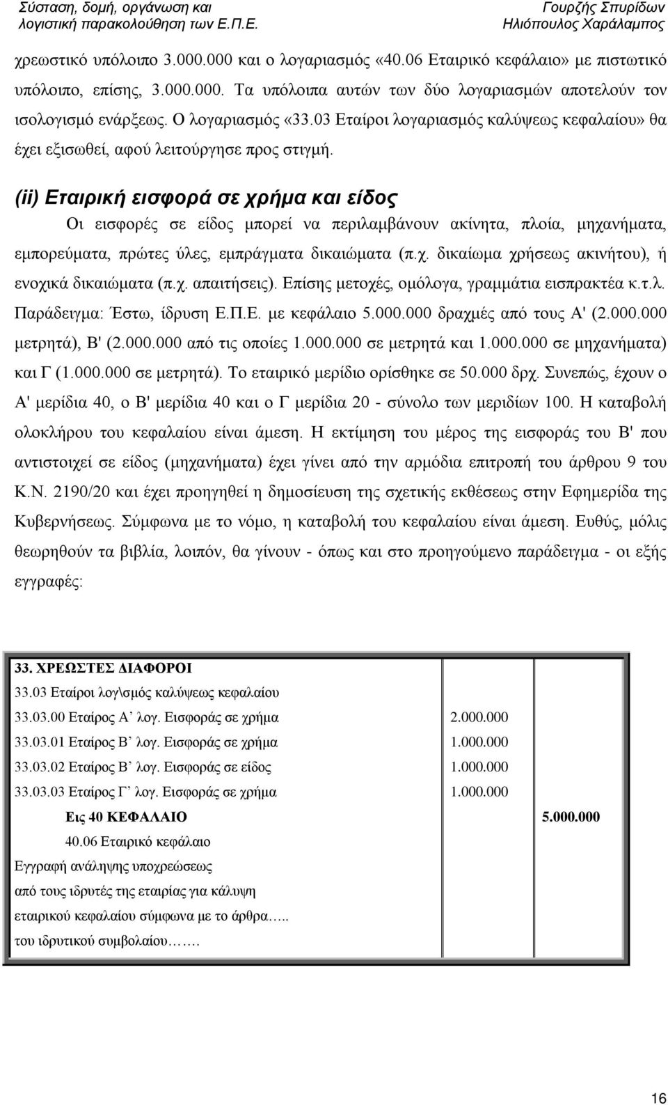 (ii) Εταιρική εισφορά σε χρήμα και είδος Οι εισφορές σε είδος μπορεί να περιλαμβάνουν ακίνητα, πλοία, μηχανήματα, εμπορεύματα, πρώτες ύλες, εμπράγματα δικαιώματα (π.χ. δικαίωμα χρήσεως ακινήτου), ή ενοχικά δικαιώματα (π.