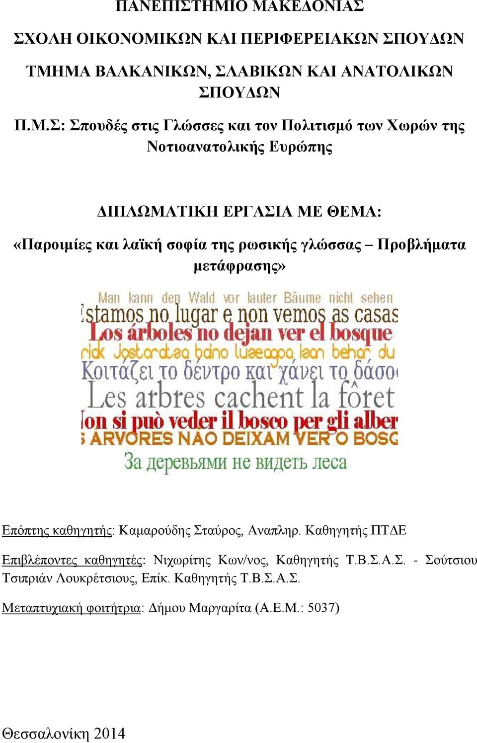 τον Πολιτισμό των Χωρών της Νοτιοανατολικής Ευρώπης ΔΙΠΛΩΜΑΤΙΚΗ ΕΡΓΑΣΙΑ ΜΕ ΘΕΜΑ: «Παροιμίες και λαϊκή σοφία της ρωσικής γλώσσας Προβλήματα