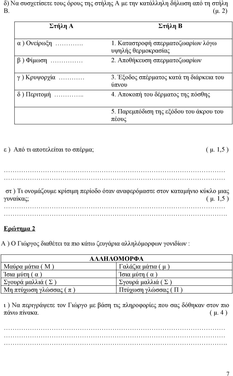 Παρεμπόδιση της εξόδου του άκρου του πέους ε ) Από τι αποτελείται το σπέρμα; ( μ. 1,5 ) 